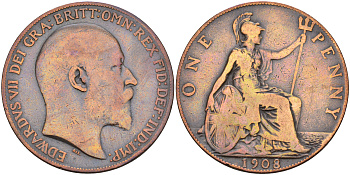 Великобритания 1 пенни 1908 Эдуард VII (1901-1910) KM 794.2, Spink 3990 бронза 4590-1142