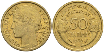 ФРАНЦИЯ 50 САНТИМОВ 1939 ТИП MORLON KM 894.1, LE FRANC 192.15 алюминиевая бронза 44-864
