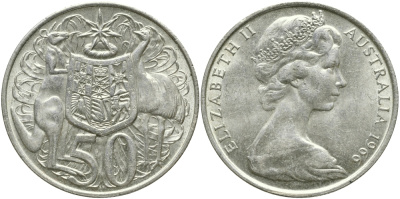Австралия 50 центов 1966 Елизавета II (1952-2022), герб Австралии, кенгуру KM 67 серебро 84-1112