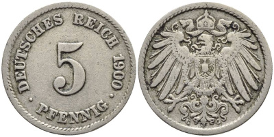ГЕРМАНИЯ 5 ПФЕННИГОВ 1900 G KM 11, Jager 12, Weege 6 медно-никель 4547-415