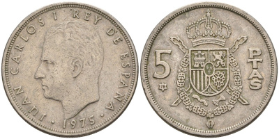 Испания 5 песет 1975 (78) Хуан Карлос I (1975-2014) KM 807 медно-никель 4155-631