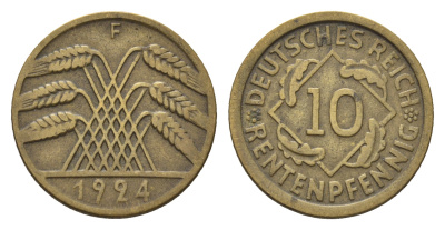 Германия 10 рентенпфеннигов 1924 F KM 33, J. 309, Weege 8 алюминиевая бронза 36-417