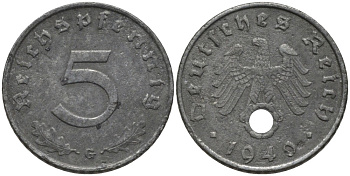 Германия 5 рейхспфеннигов 1940 G, монетный двор Карлсруэ KM 100, J. 370 цинк 186-714