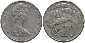 Новая Зеландия 20 центов 1980 Елизавета II (1952-2022), птичка киви KM 36.1 медно-никель 81-622