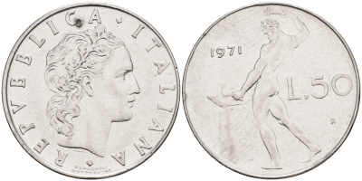 Италия 50 лир 1971 R, бог огня Вулкан у наковальни KM 95.1 нержавеющая сталь 4116-345