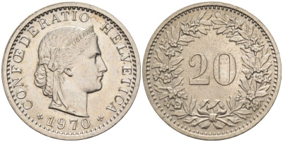 Швейцария 20 раппенов 1970 KM 29а медно-никель 4592-923