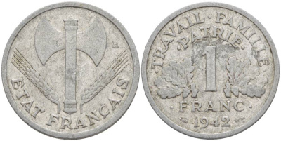 ФРАНЦИЯ 1 ФРАНК 1942 LB, ТИП LOURDЕ, ПРАВИТЕЛЬСТВО ВИШИ KM 902.1, LE FRANC 222.2 алюминий 4551-631