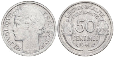ФРАНЦИЯ 50 САНТИМОВ 1941 ТИП MORLON LOURDE KM 894.1a, LE FRANC 193.2 алюминий 44-323