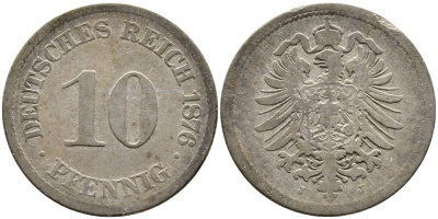 Германия 10 пфеннигов 1876 J, старогербовка KM 4, Jager 4, Weege 7 медно-никель 85-1034