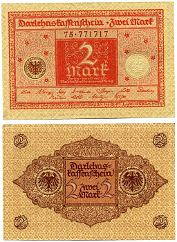 ГЕРМАНИЯ 2 МАРКИ 1920 1 МАРТА 1920, ВЕЙМАРСКАЯ РЕСПУБЛИКА, КРАСНАЯ, СЕРИЯ 75 Pick 59, Rosenberg 65b бумага 7523-1-2-1