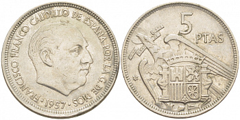 ИСПАНИЯ 5 ПЕСЕТ 1957 (59) ФРАНСИСКО ФРАНКО ДИКТАТОР ИСПАНИИ (1939-1975) KM 786 медно-никель 87-1524