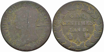 ФРАНЦИЯ 5 САНТИМОВ 1799 А, КОНСУЛАТ (1799-1803) LAN 8 KM 640.1 (C 135.1), LE FRANC 115.40 бронза 38-912