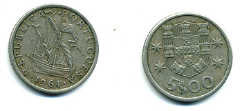 ПОРТУГАЛИЯ 5 ЭСКУДО 1964 ПАРУСНИК KM 591 медно-никель 51-4422