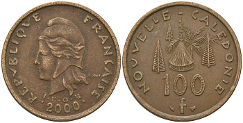 Французская Новая Каледония 100 франков 2000 хижина среди сосен и пальм, (IEOM) KM 15, Schoen 16, Lec 139d никель бронза 97-731