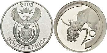 ЮАР 20 центов 2003 серия животный мир Африки, носорог, только в наборах, тираж 700 экземпляров серебро PROOF 11-178-45