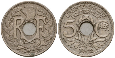 Франция 5 сантимов 1922 KM 875 медно-никель 4602-157