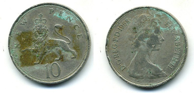 Великобритания 10 пенсов 1968 Елизавета II (1952-2022) KM 912, Spink 4231 (F1) медно-никель  4110-1121