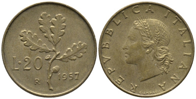 ИТАЛИЯ 20 ЛИР 1957 R, ДУБОВЫЙ ЛИСТ KM 97.1 алюминиевая бронза 34-1251