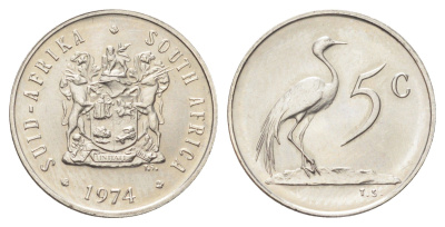 ЮАР 5 центов 1974 герб, райский журавль KM 84 никель UNC 4696-957