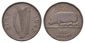 Ирландия 1/2 пенни 1942 свинья с поросятами KM 10 бронза 4691-137
