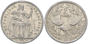 Французская Новая Каледония 2 франка 1991 птица кагу, (IEOM) KM 14, Schoen 11, Lec 67 алюминий    28-147