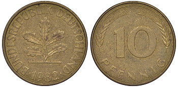 ФРГ 10 пфеннигов 1982 J KM 108, J 383 сталь плакированная латунью 25-1755