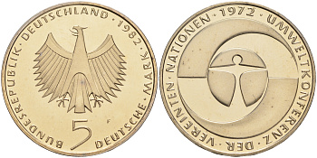 ФРГ 5 марок 1982 F, 10 лет конференции ООН по окружающей среде КМ 157, J.431 медно-никель плакированный никелем плакированный никелем PROOF 02-265-53