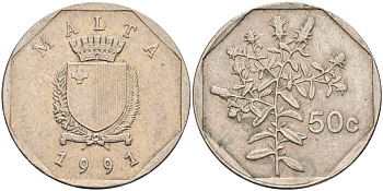 Мальта 50 центов 1991 девясил KM 98 медно-никель 3336-1143