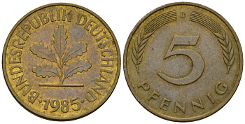 ФРГ 5 пфеннигов 1985 D KM 107, J.382 сталь плакированная латунью 4602-823