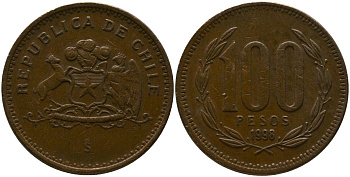 Чили 100 песо 1998 So KM 226.2, Schon 71 алюминиевая бронза 4388-153