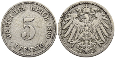 ГЕРМАНИЯ 5 ПФЕННИГОВ 1890 A KM 11, Jager 12, Weege 6 медно-никель 4547-317