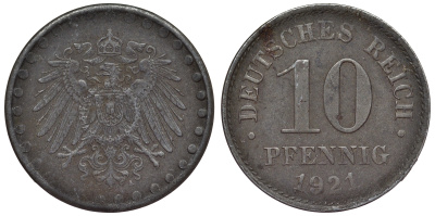 Германия 10 пфеннигов 1921 A KM 20, J. 298 железо 4119-156
