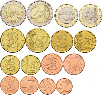 ФИНЛЯНДИЯ ЕВРОНАБОР ИЗ 8 МОНЕТ 2005 1, 2, 5, 10, 20, 50 ЕВРОЦЕНТОВ, 1 И 2 ЕВРО UNC 183-341