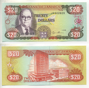 Ямайка 20 долларов 1995 Ноэл Ньютон Нетерсол, здание Центрального банка Pick 72е бумага UNC (пресс) 7551-16-2-2