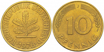 ФРГ 10 ПФЕННИГОВ 1976 J KM 108, J.383 сталь плакированная латунью 3718-813