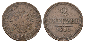 Австрия 2 крейцера 1851 B, Франц Иосиф I (1848-1916) KM 2189 медь    4577-354