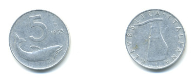 ИТАЛИЯ 5 ЛИР 1955 R, РУЛЬ, ДЕЛЬФИН KM 92 алюминий 4379-255