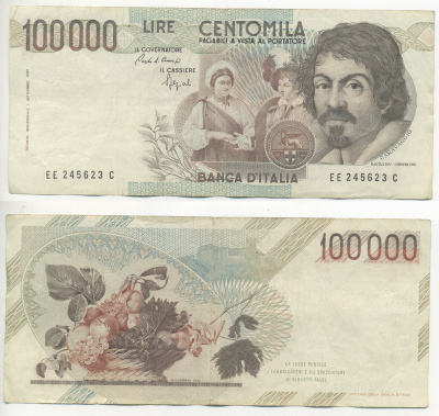 Италия 100000 лир 1983 Караваджо, фруктовый букет, подпись Speziali Pick 110b бумага 7220-20-1