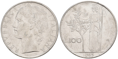 Италия 100 лир 1963 R, богиня Афина KM 96.1 нержавеющая сталь 259-145