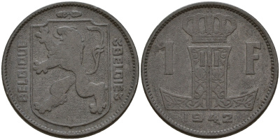 Бельгия 1 франк 1942 Belgique-Belgie KM 127 цинк    4161-1222