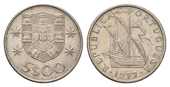 Португалия 5 эскудо 1977 парусник KM 591 медно-никель 4707-233
