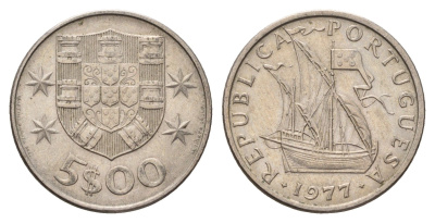 Португалия 5 эскудо 1977 парусник KM 591 медно-никель 4707-233