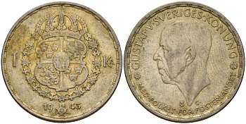 Швеция 1 крона 1943 G, Густав V (1907-1950) KM 814 серебро 4148-956