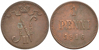 РОССИЯ ДЛЯ ФИНЛЯНДИИ 1 ПЕННИ 1916 НИКОЛАЙ II (1895-1917) KM 13, Биткин 476 медь 211-1047