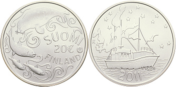 Финляндия 20 евро 2011 защита Балтийского моря, нерпа, сертификат KM 169 a серебро UNC 1066-8-23