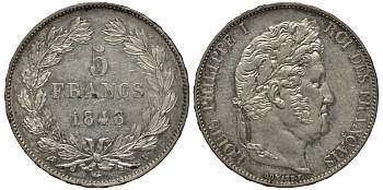 Франция 5 франков 1846 А, Луи Филипп I (1830-1848), Le Franc 325.10 KM 749.1 серебро UNC 00-819-59