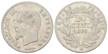 Франция 20 сантимов 1860 BB, Наполеон III (1852-1870) KM 778.2 серебро 4617-739