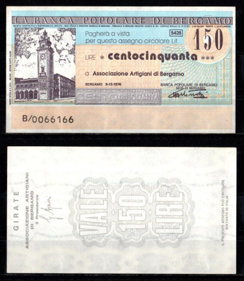 Италия чек 150 лир ND (1976-1977) Pick 1278 b бумага UNC (пресс) 2198-11-3-2