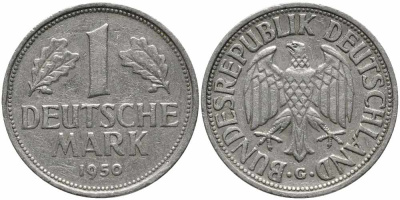 ФРГ 1 марка 1950 G, KM 110, J. 385 медно-никель 113-156