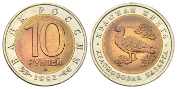 Россия 10 рублей 1992 Красная книга - Краснозобая казарка Y 307 биметалл UNC 63-914
